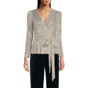 Nwt Eliza J Stretch Sequin Long Sleeve Surplice V-Neck Tie Waist Faux Wrap Top 6